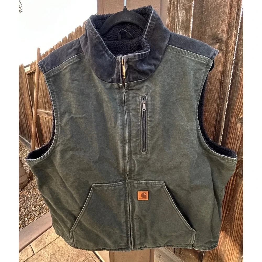 Carhartt V33-355 Vest Mens XL Green Black Sherpa Lined Workwear Cotton